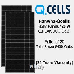 420 Watt Q Cell MONO DUO CELL SOLAR PANEL G8.2 Pallet of 20 Power 8400 Watts