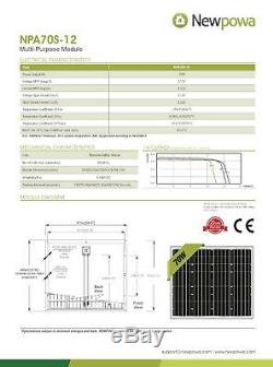 Newpowa 70 Watt Mono Solar Panel 12v Solar Battery Charging System Kit Marine RV