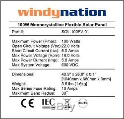 WindyNation 100 Watt 12V Flexible Solar Panel with Monocrystalline Solar Cells