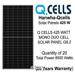 425 Watt Q Cellule Mono Duo Cellule Panneau Solaire G8.2 Palette De 20 Puissance 8500 Watts