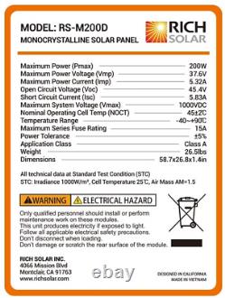 Rich Solar 200 Watt 24 Volt Panneau Solaire Monocristallin À Haute Efficacité Solaire Mo